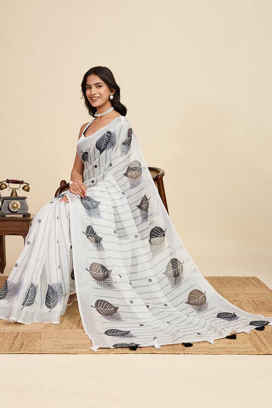 Kabira Off White Linen Saree with Printed Design Ready to Wear One Minute Saree