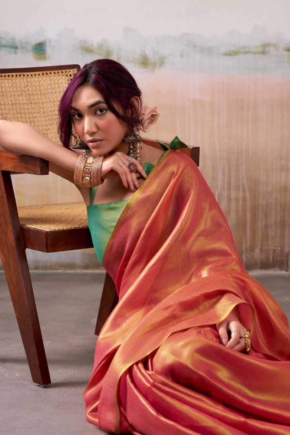 Marisol Peach Tissue Saree with Solid Design Ready to Wear One Minute Saree