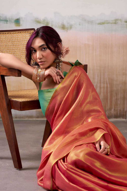 Marisol Peach Tissue Saree with Solid Design Ready to Wear One Minute Saree