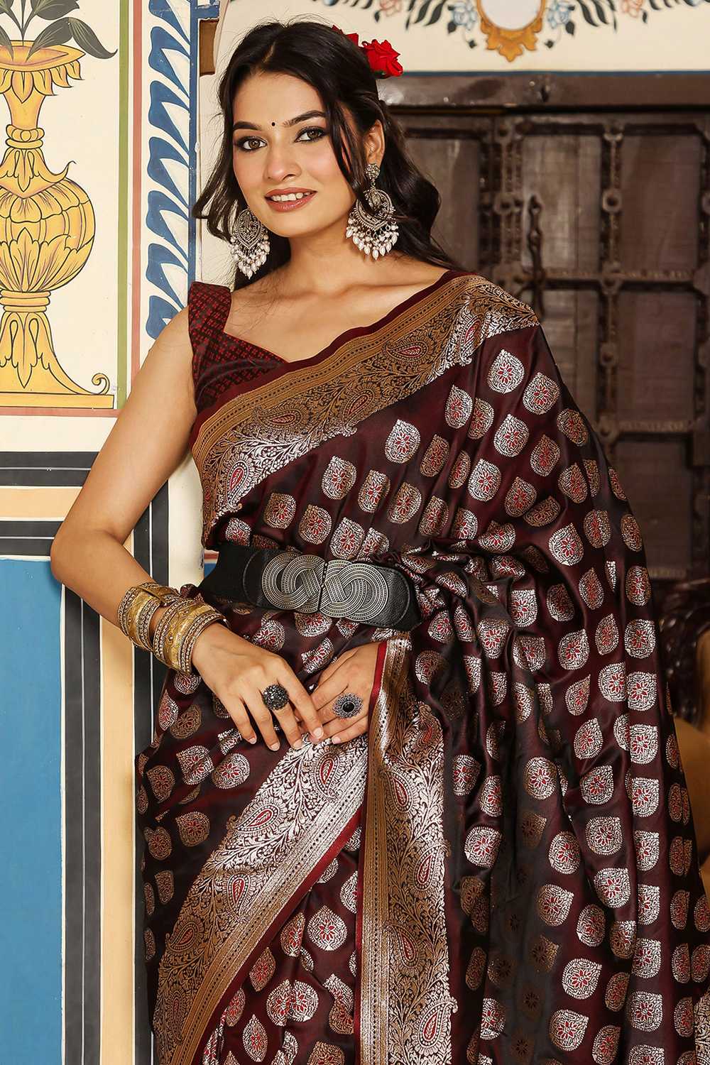 Viola Wine Silk Blend Saree with Woven Design Ready to Wear One Minute Saree