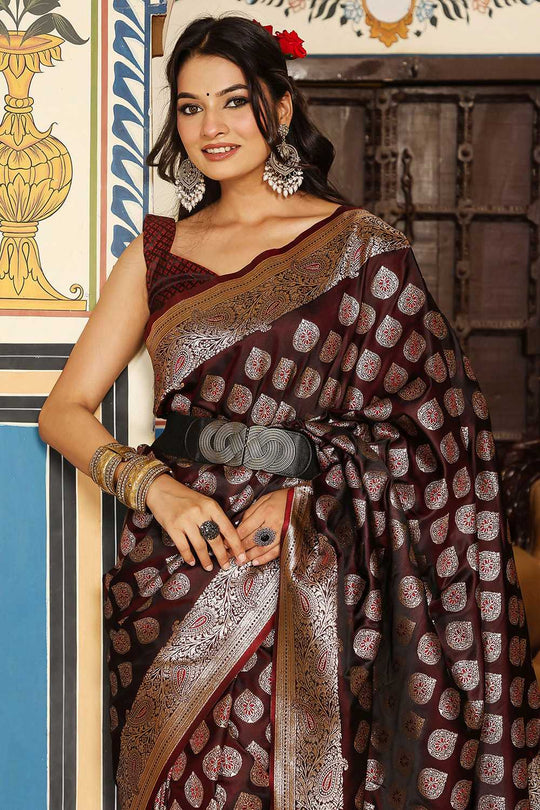 Viola Wine Silk Blend Saree with Woven Design Ready to Wear One Minute Saree