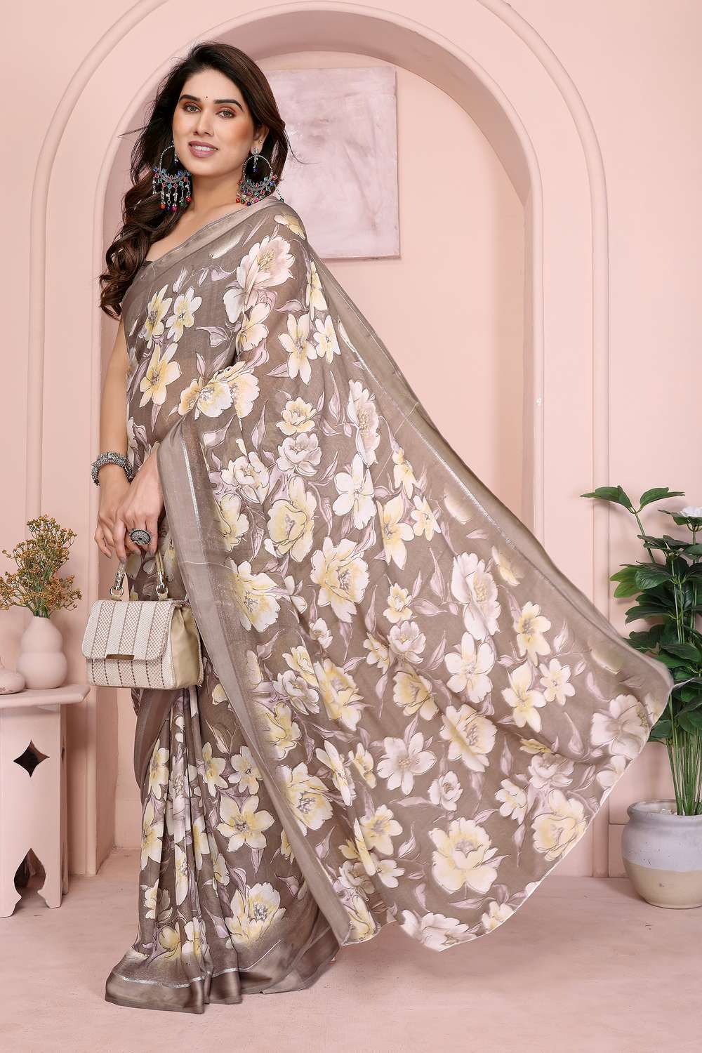 Brooke Brown Satin Saree with Floral Print Ready to Wear One Minute Saree