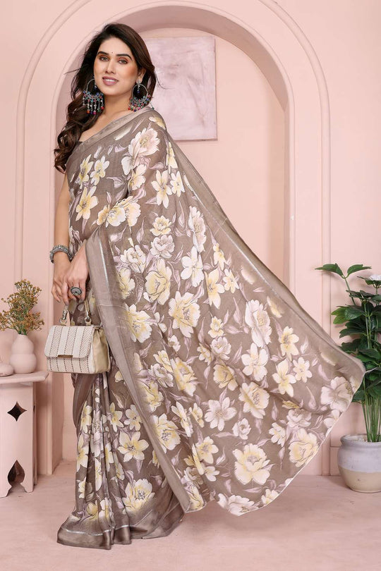 Brooke Brown Satin Saree with Floral Print Ready to Wear One Minute Saree