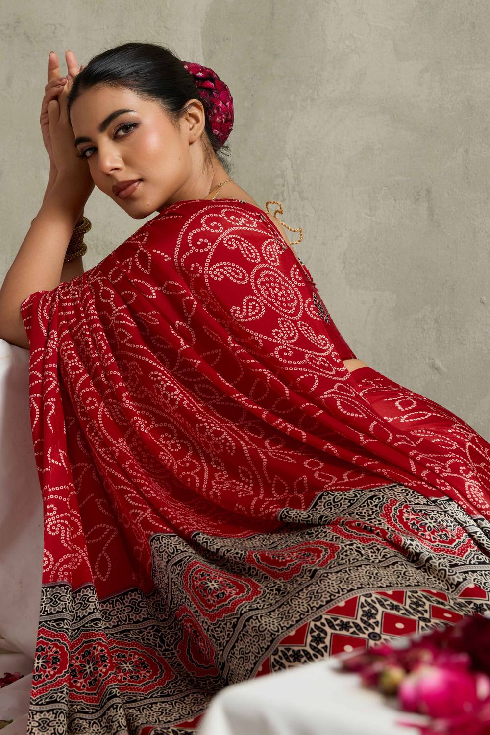 Celeste Red Satin Saree with Bandhani Print Ready to Wear One Minute Saree