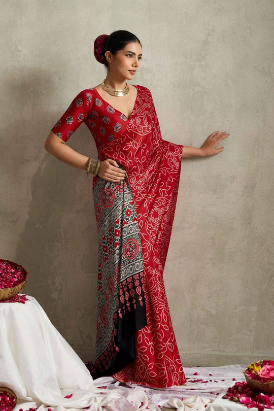 Celeste Red Satin Saree with Bandhani Print Ready to Wear One Minute Saree