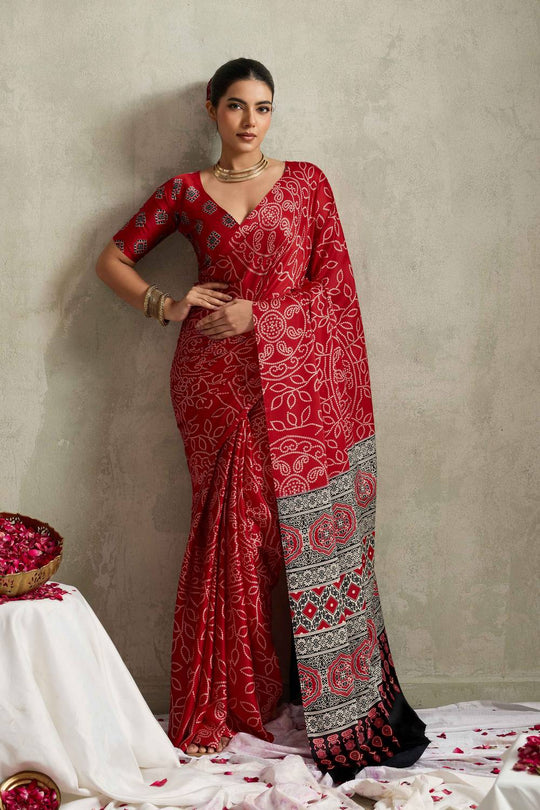Celeste Red Satin Saree with Bandhani Print Ready to Wear One Minute Saree
