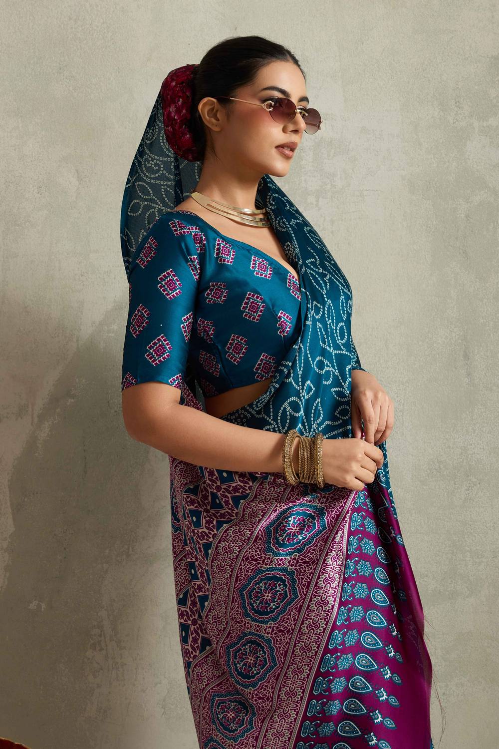 Cleo Turquoise Satin Saree with Bandhani Print Ready to Wear One Minute Saree