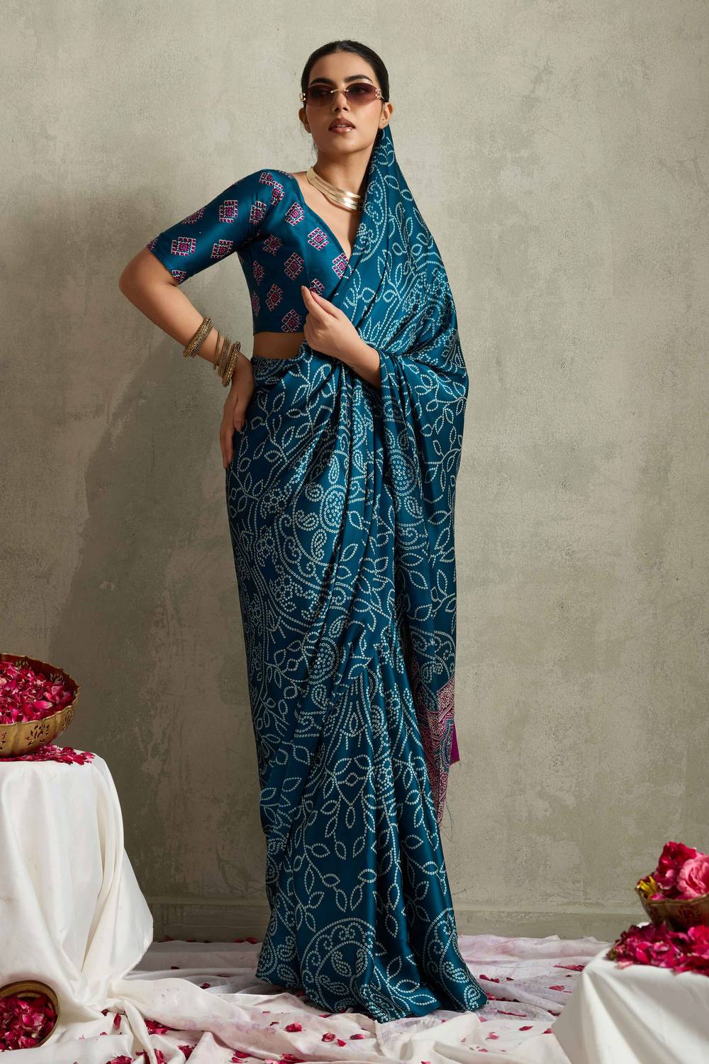 Cleo Turquoise Satin Saree with Bandhani Print Ready to Wear One Minute Saree