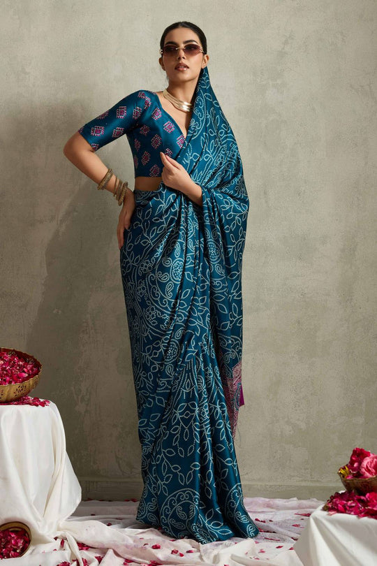 Cleo Turquoise Satin Saree with Bandhani Print Ready to Wear One Minute Saree