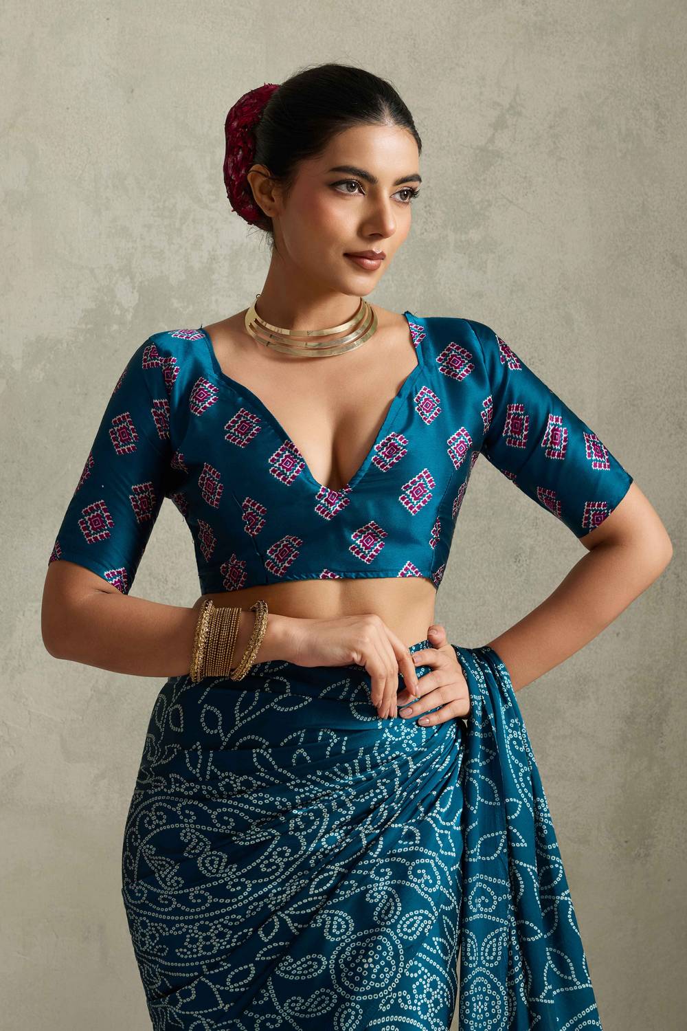 Cleo Turquoise Satin Saree with Bandhani Print Ready to Wear One Minute Saree