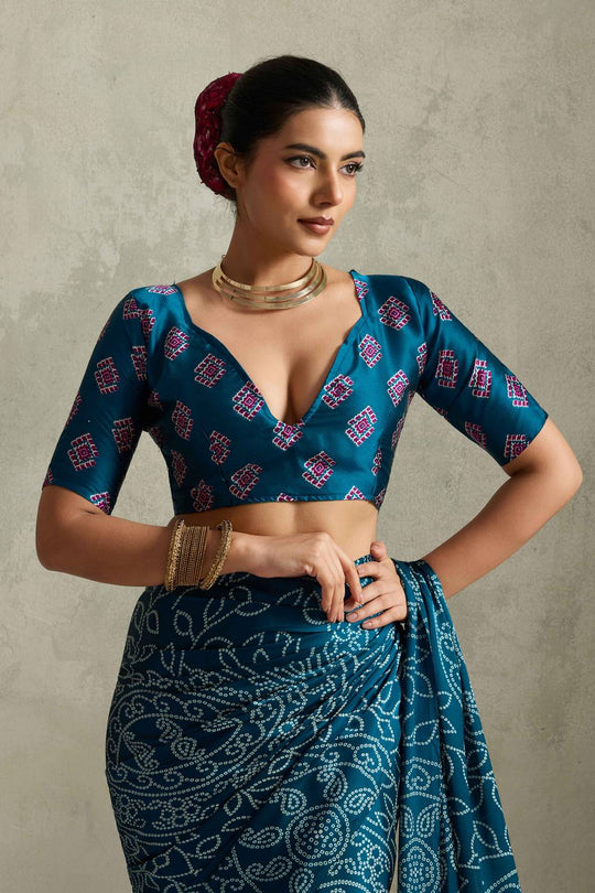 Cleo Turquoise Satin Saree with Bandhani Print Ready to Wear One Minute Saree