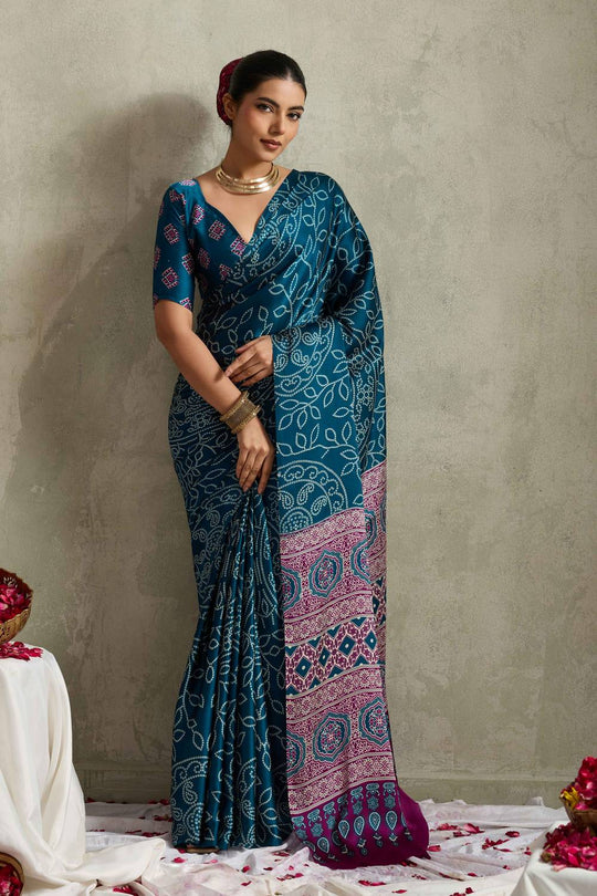 Cleo Turquoise Satin Saree with Bandhani Print Ready to Wear One Minute Saree