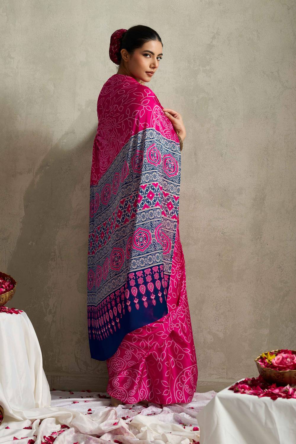 Coral Pink Satin Saree with Bandhani Print Ready to Wear One Minute Saree
