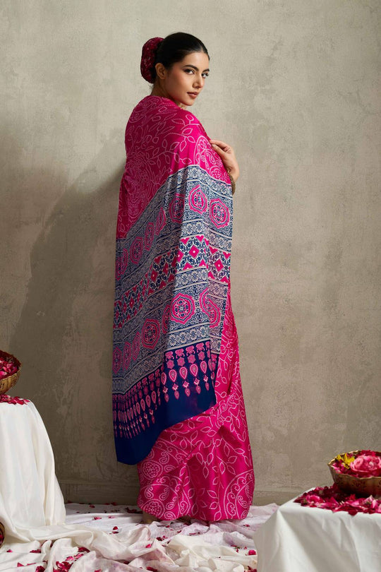 Coral Pink Satin Saree with Bandhani Print Ready to Wear One Minute Saree