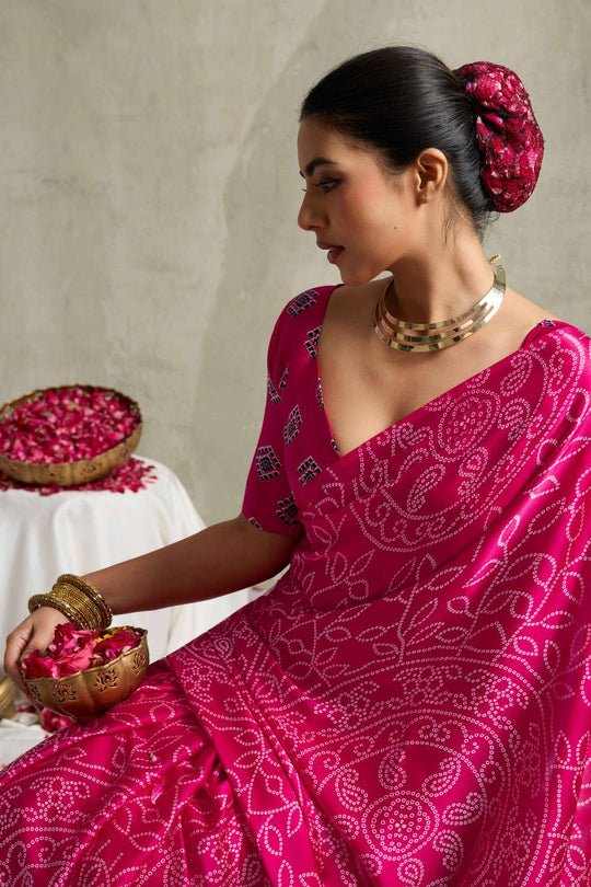 Coral Pink Satin Saree with Bandhani Print Ready to Wear One Minute Saree