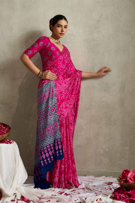 Coral Pink Satin Saree with Bandhani Print Ready to Wear One Minute Saree