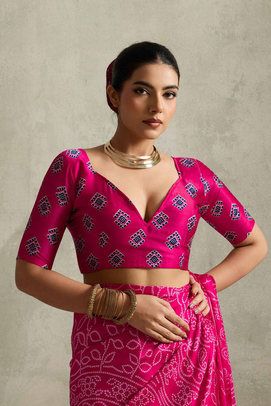 Coral Pink Satin Saree with Bandhani Print Ready to Wear One Minute Saree