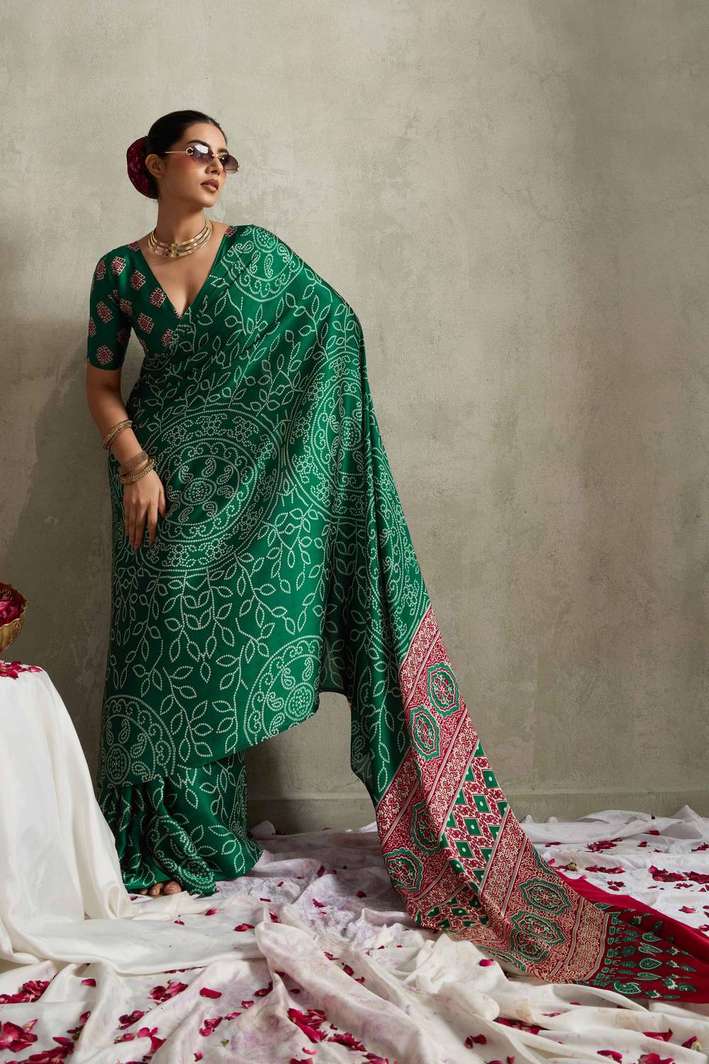 Eden Green Satin Saree with Bandhani Print Ready to Wear One Minute Saree