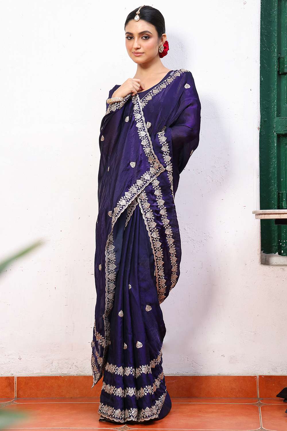 Halle Blue Tissue Saree with Embroidered Border Ready to Wear One Minute Saree