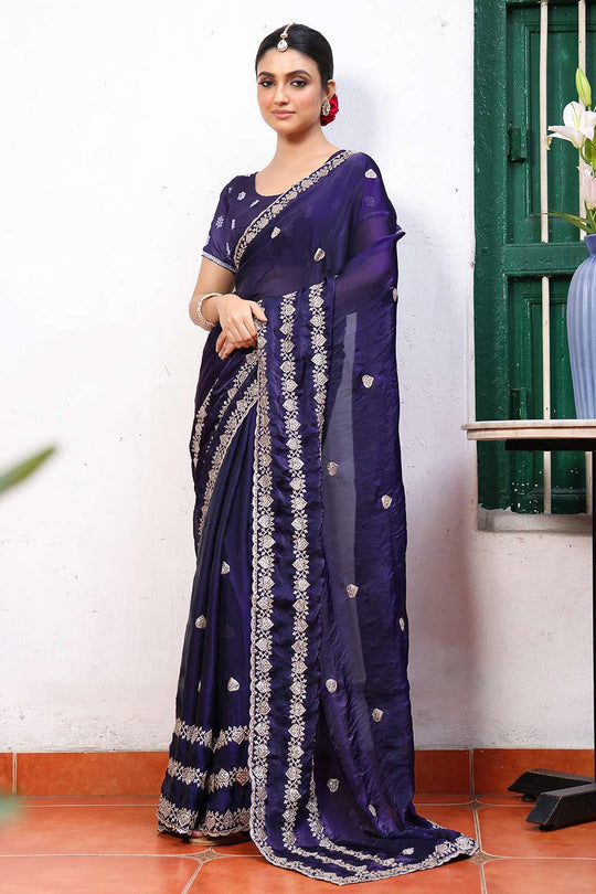 Halle Blue Tissue Saree with Embroidered Border Ready to Wear One Minute Saree