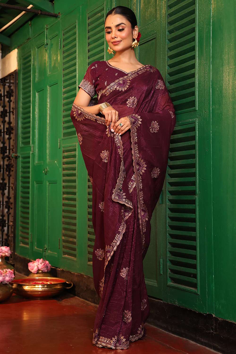 Lena Wine Chiffon Saree with Embroidered Border Ready to Wear One Minute Saree