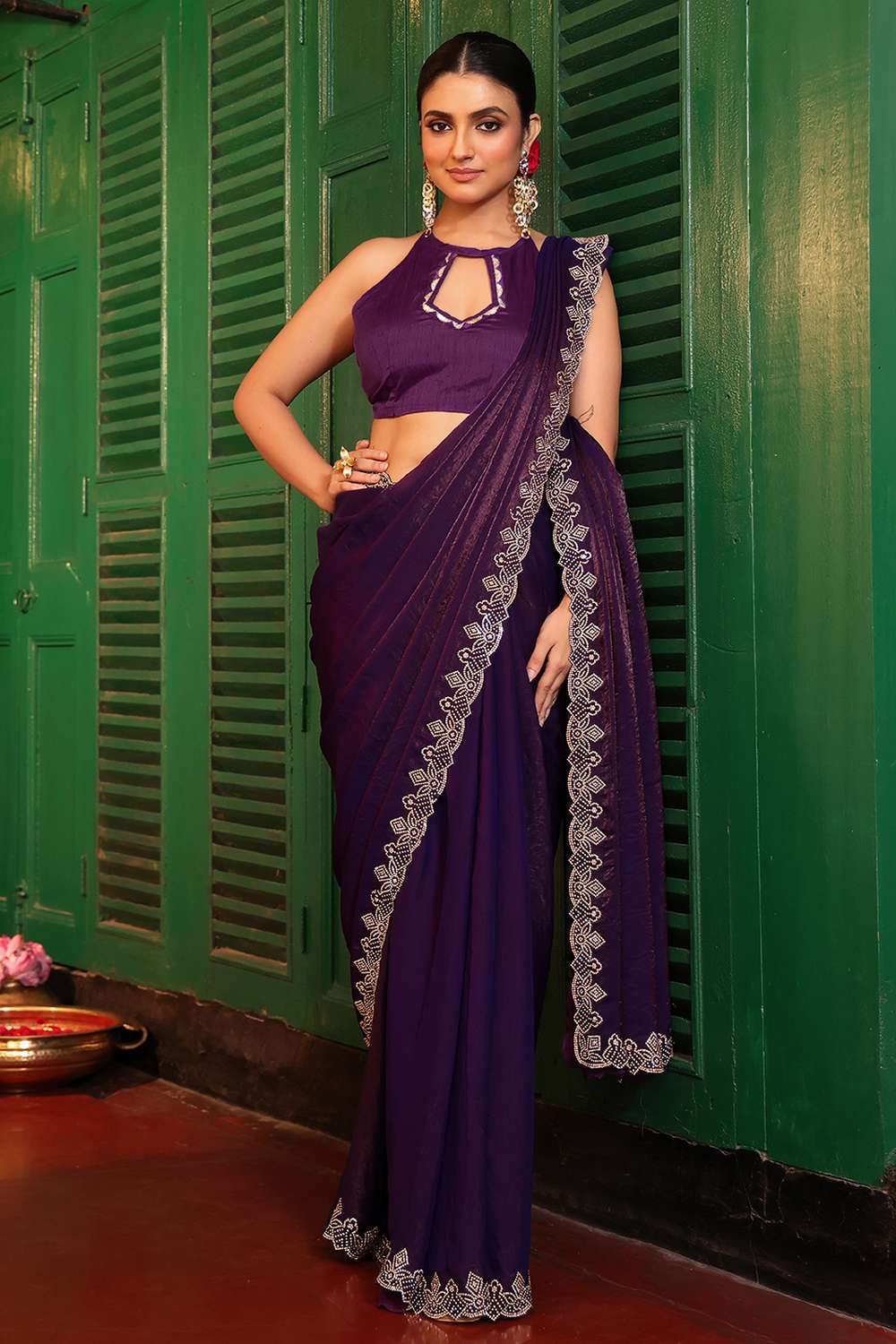 Violet Tissue Saree with Embroidered Border Ready to Wear One Minute Saree