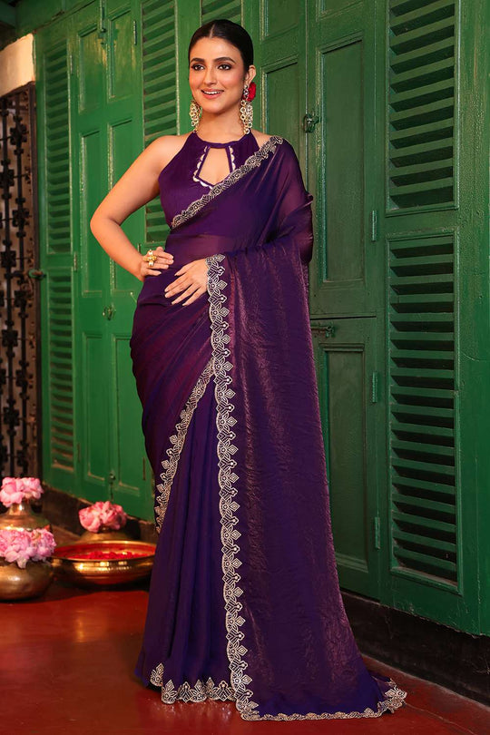 Violet Tissue Saree with Embroidered Border Ready to Wear One Minute Saree