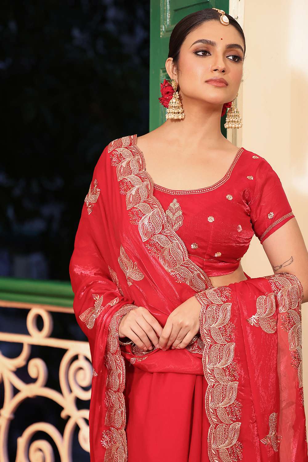 Misha Red Tissue Saree with Embroidery Work Ready to Wear One Minute Saree