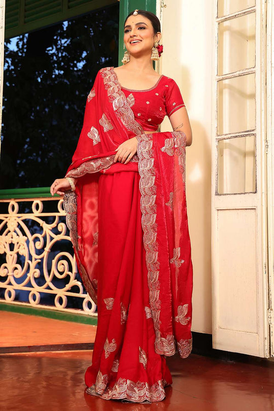 Misha Red Tissue Saree with Embroidery Work Ready to Wear One Minute Saree