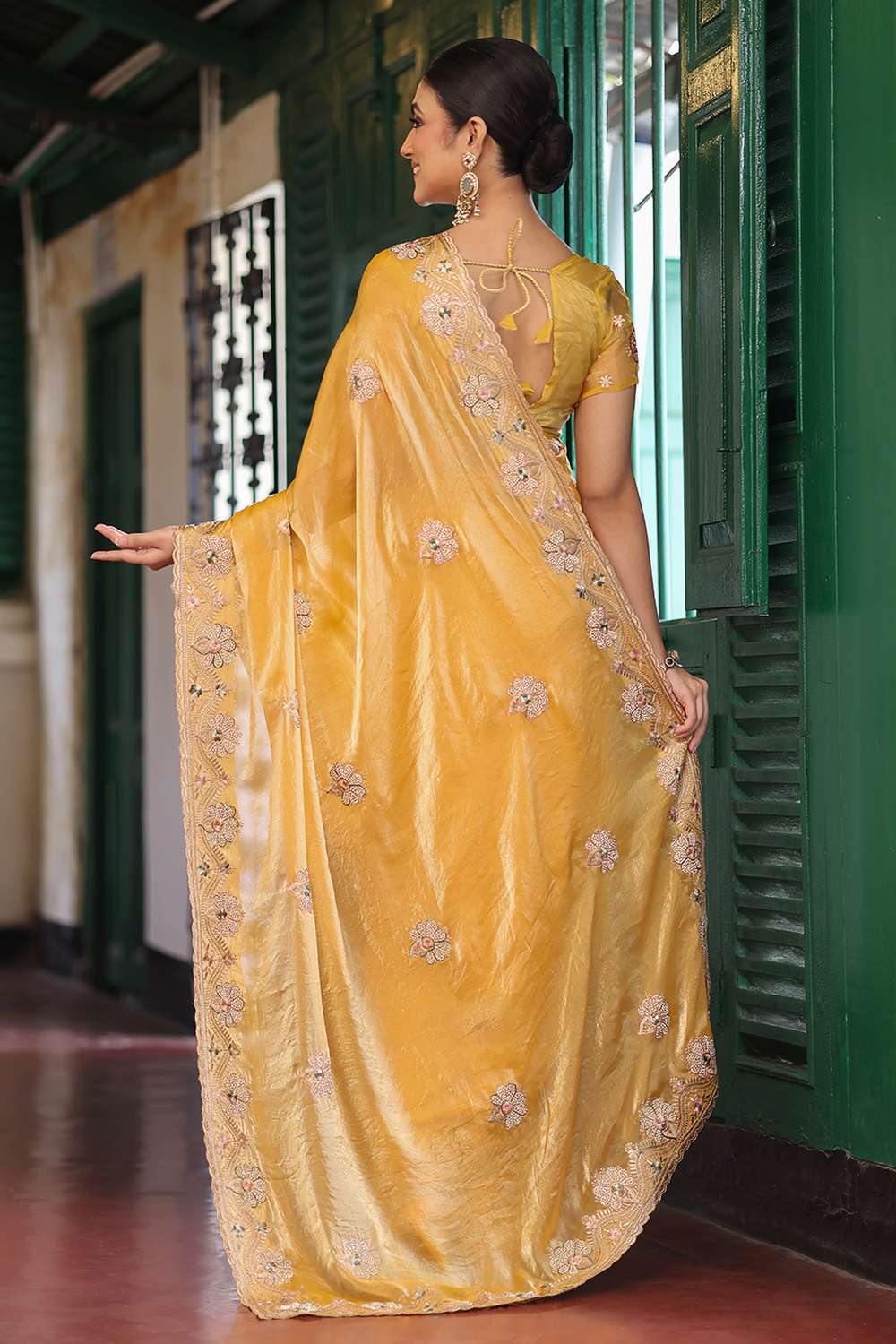 Polly Yellow Tissue Saree with Embroidery Work Ready to Wear One Minute Saree