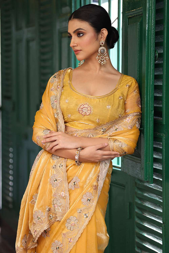 Polly Yellow Tissue Saree with Embroidery Work Ready to Wear One Minute Saree