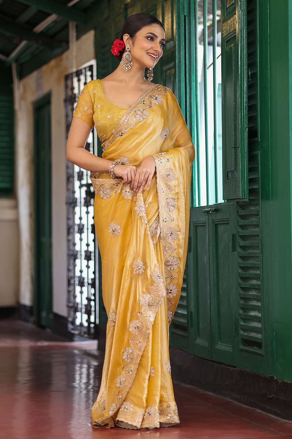 Polly Yellow Tissue Saree with Embroidery Work Ready to Wear One Minute Saree