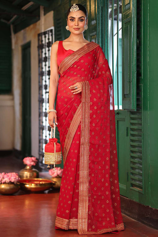 Raya Maroon Embroidered Chiffon Saree Ready to Wear One Minute Saree