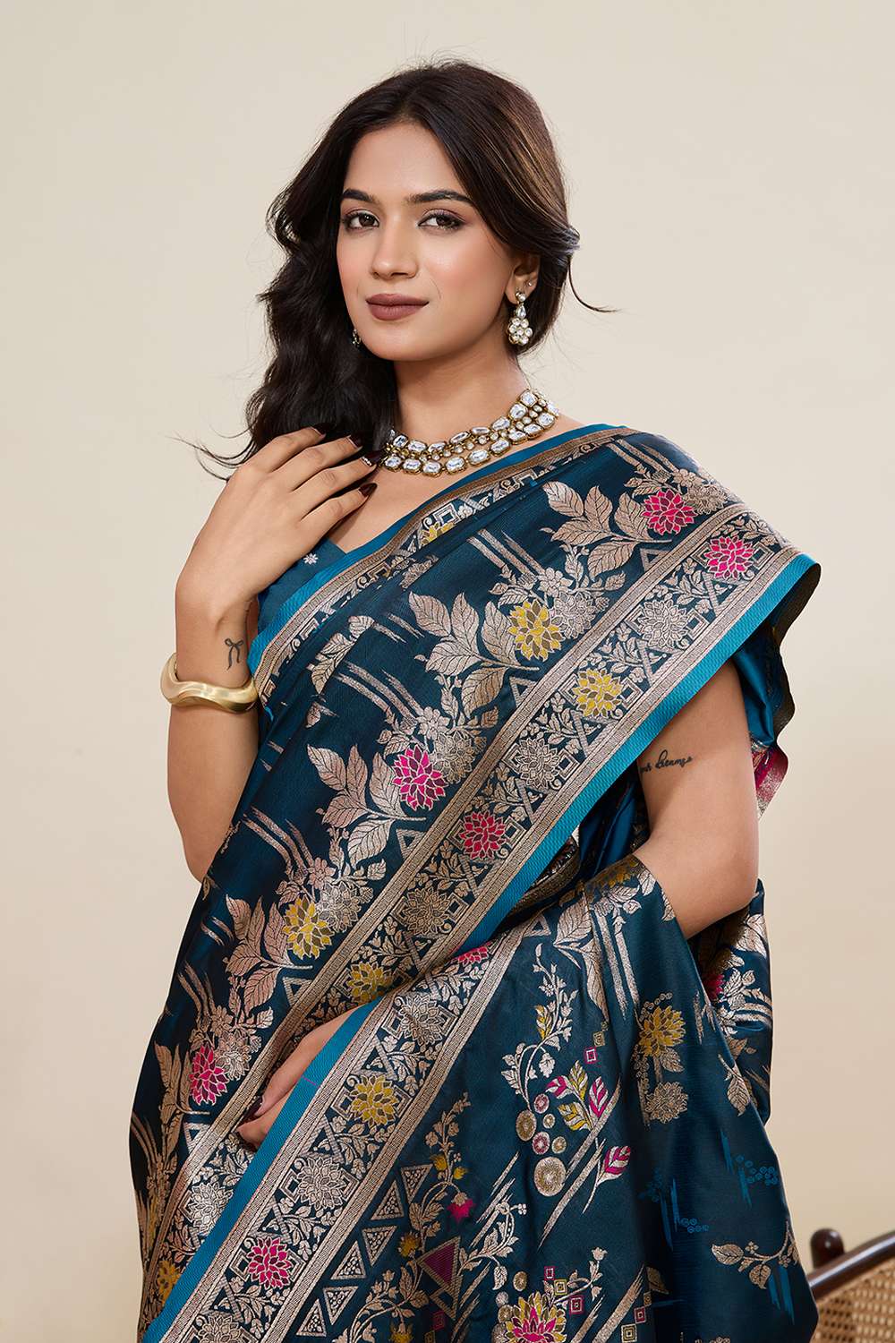 Margot Turquoise Woven Satin Saree Ready to Wear One Minute Saree