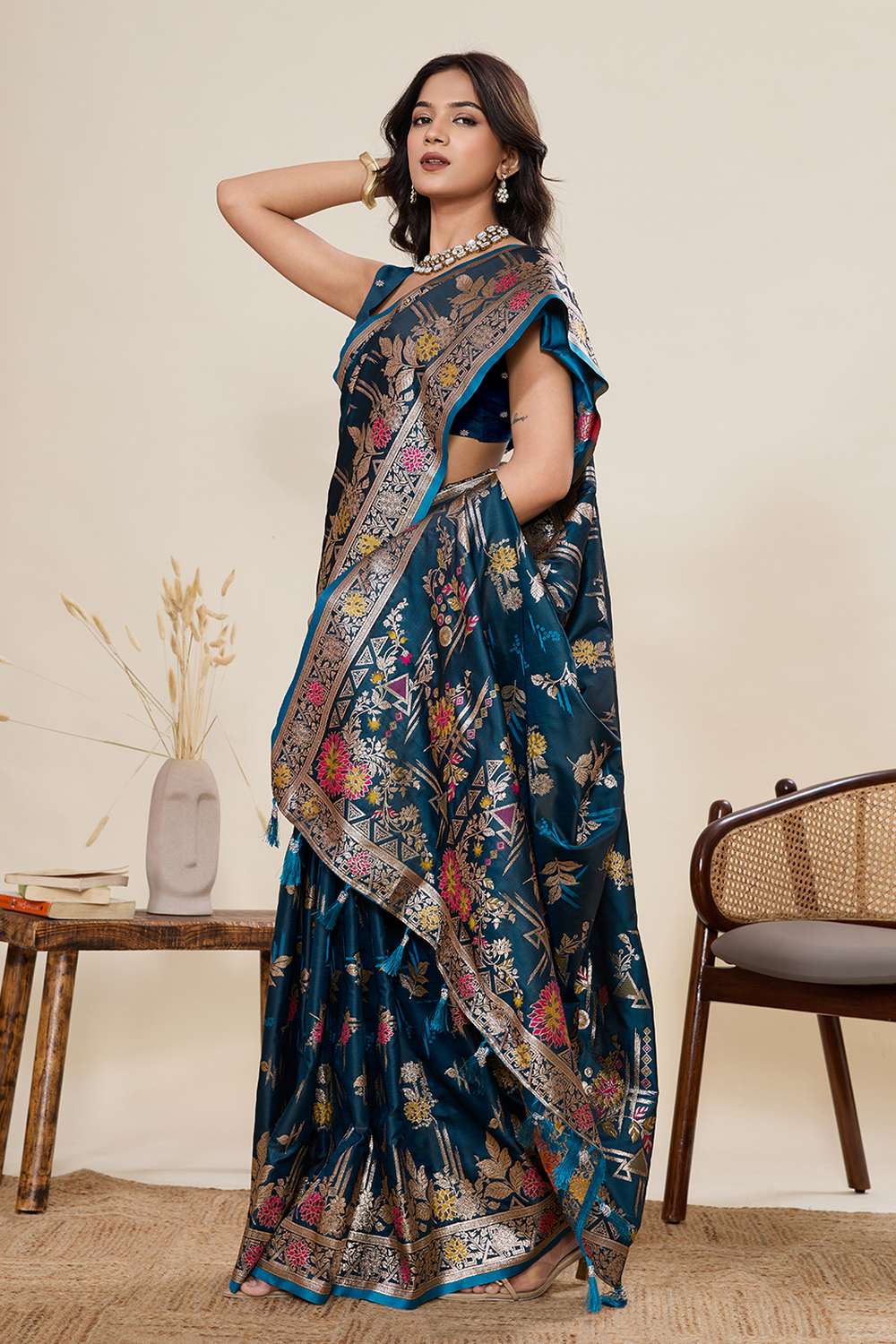 Margot Turquoise Woven Satin Saree Ready to Wear One Minute Saree