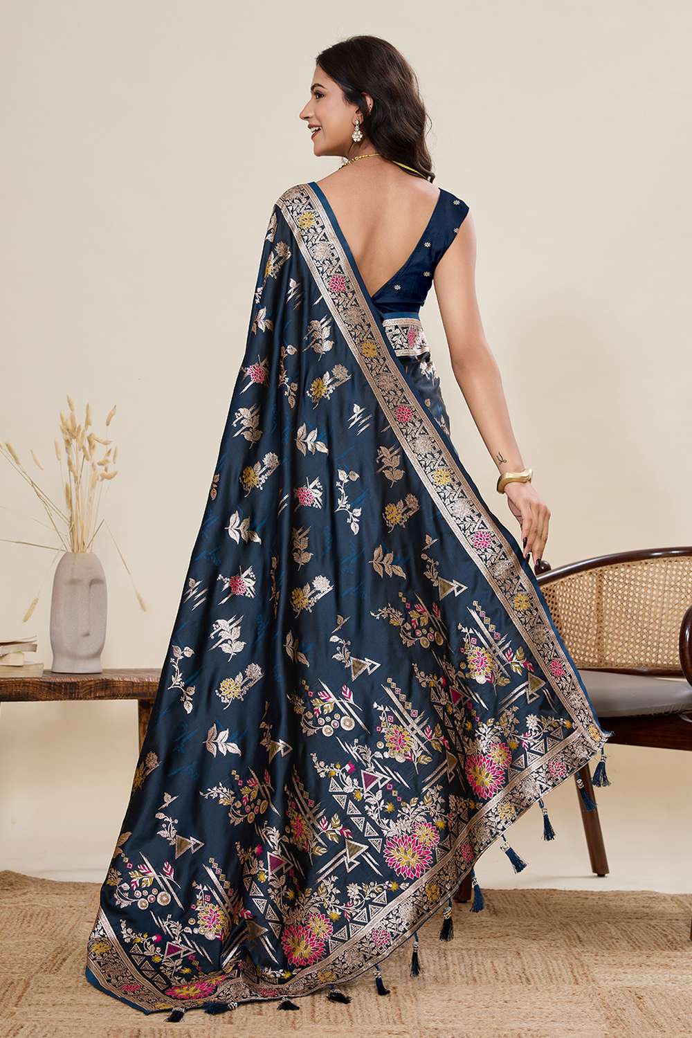 Margot Navy Blue Woven Satin Saree Ready to Wear One Minute Saree