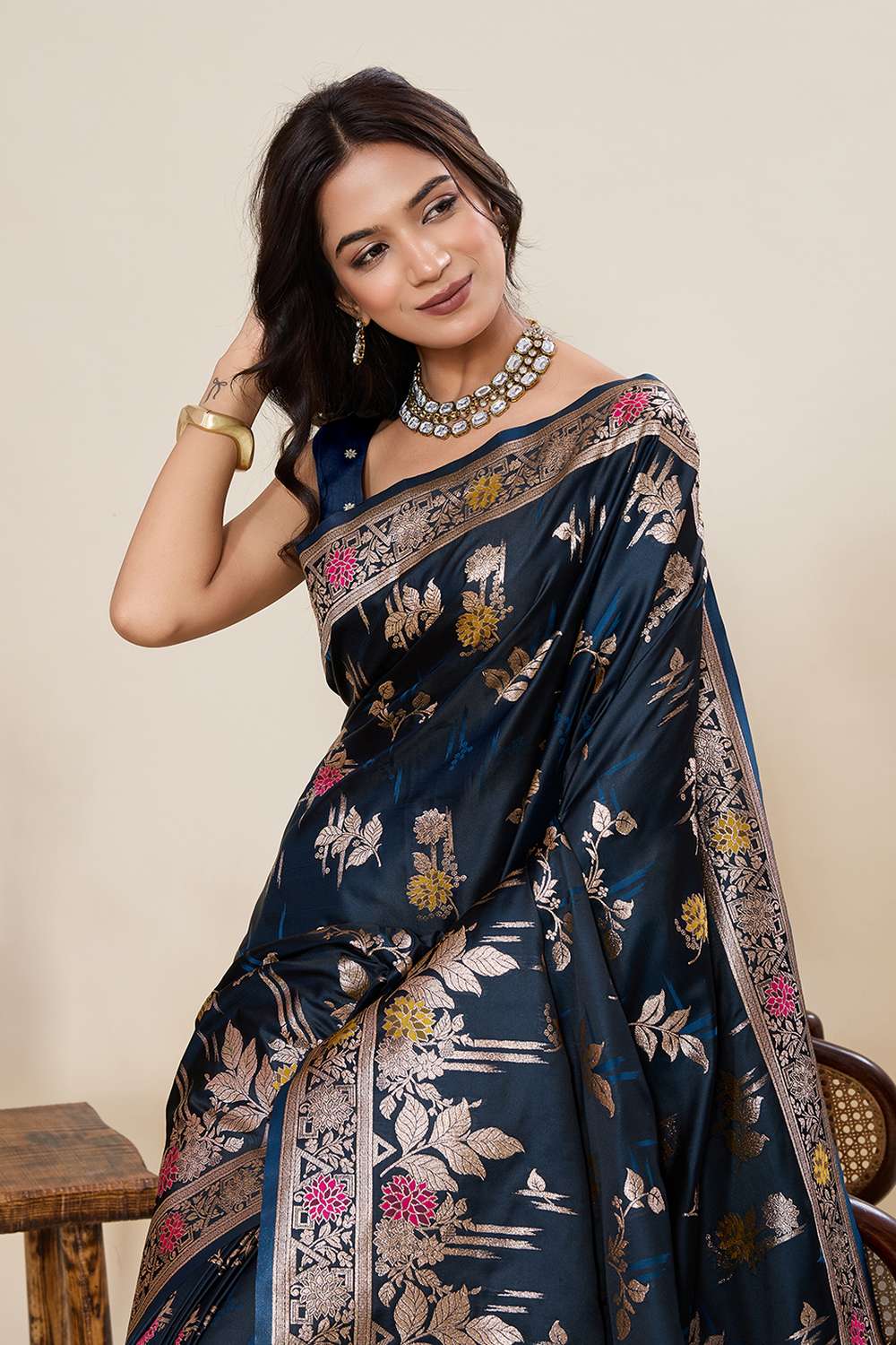 Margot Navy Blue Woven Satin Saree Ready to Wear One Minute Saree
