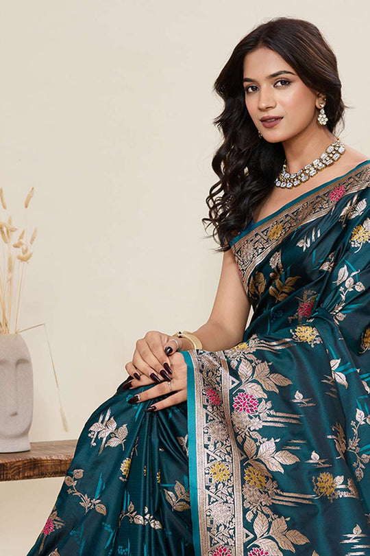 Margot Teal Woven Satin Saree Ready to Wear One Minute Saree