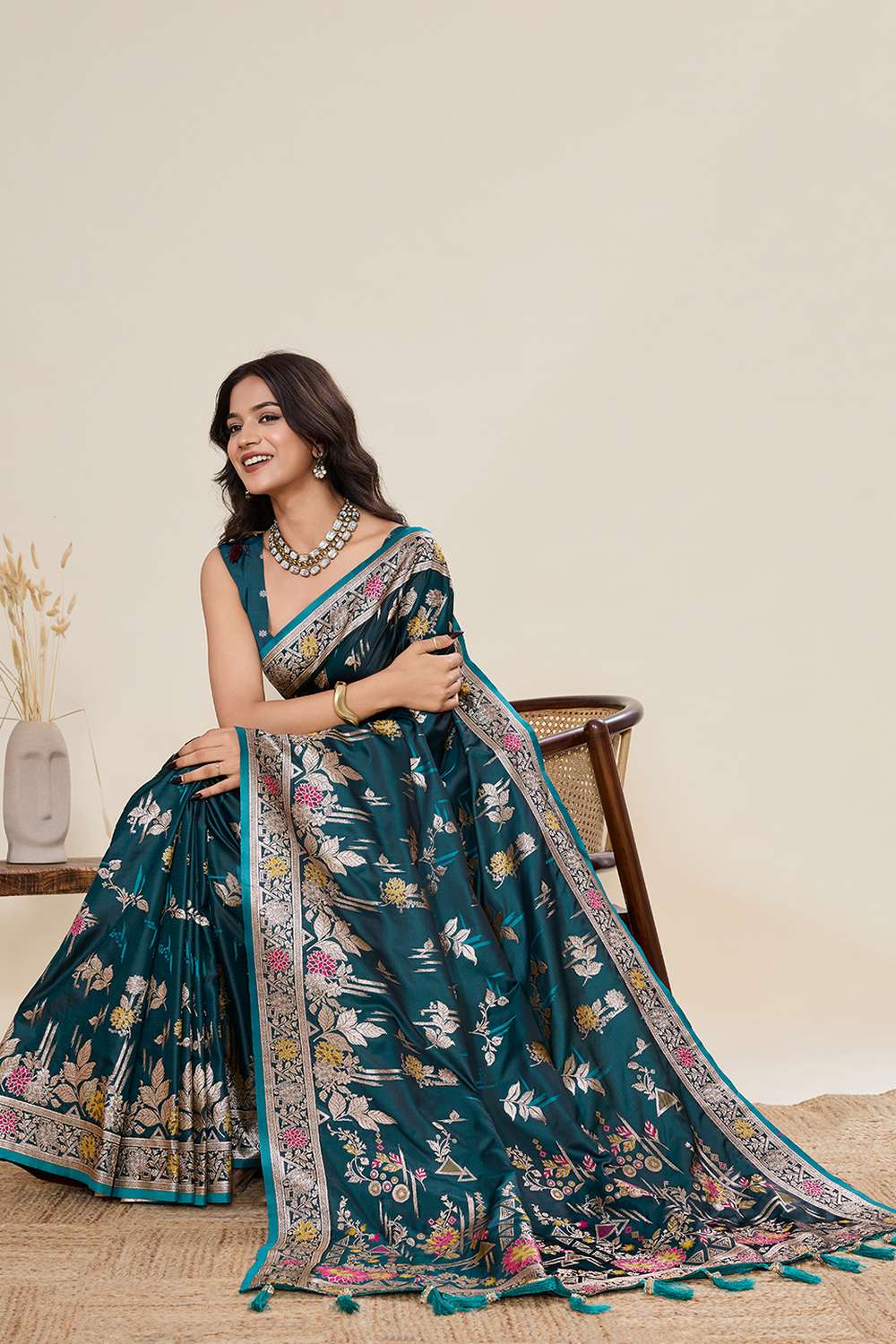 Margot Teal Woven Satin Saree Ready to Wear One Minute Saree