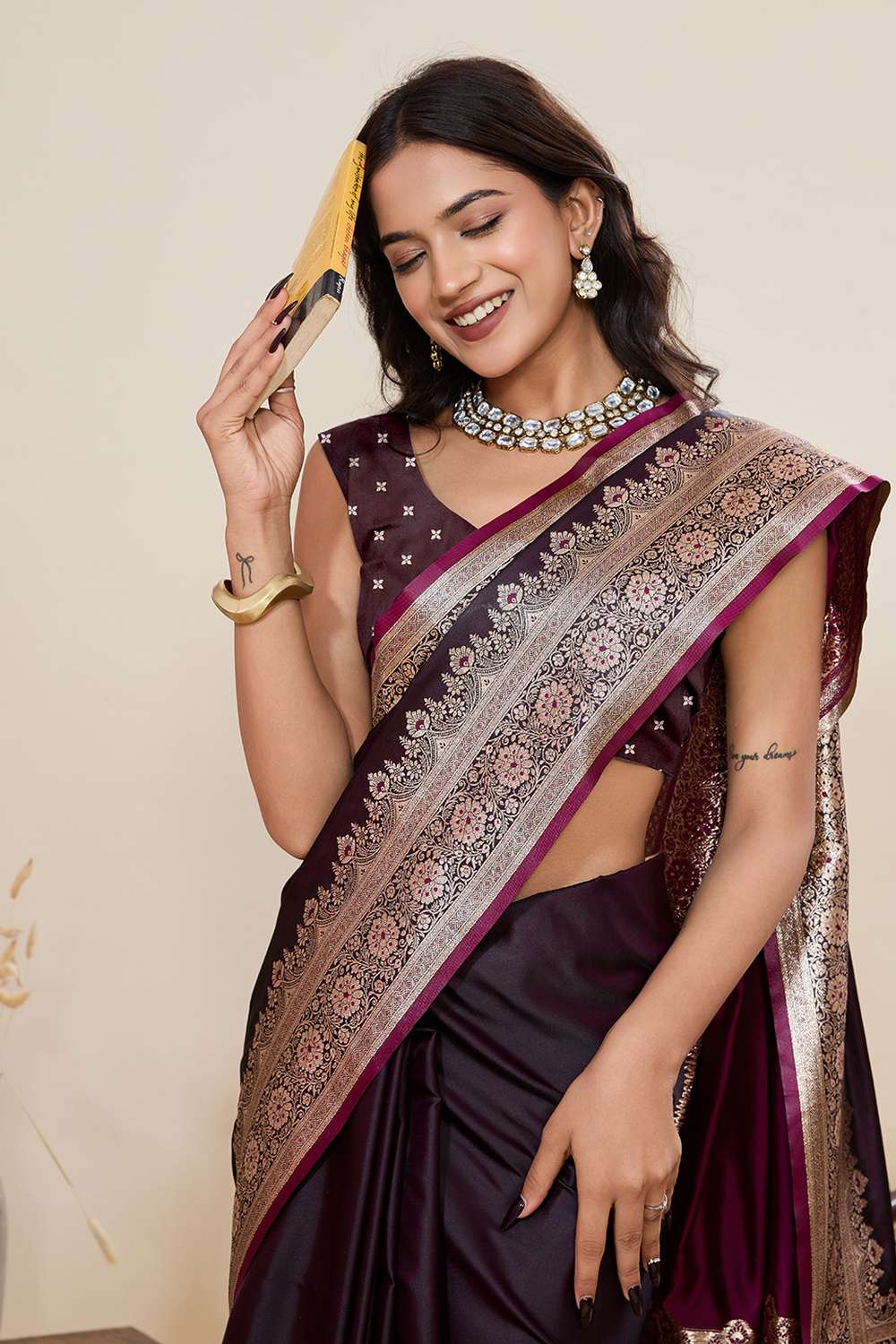 Thea Wine Woven Satin Saree Ready to Wear One Minute Saree