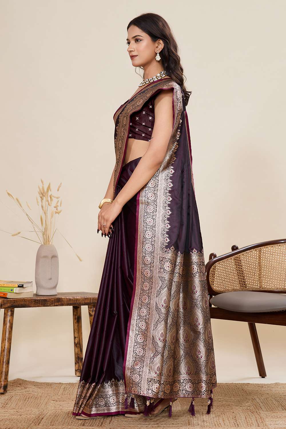 Thea Wine Woven Satin Saree Ready to Wear One Minute Saree