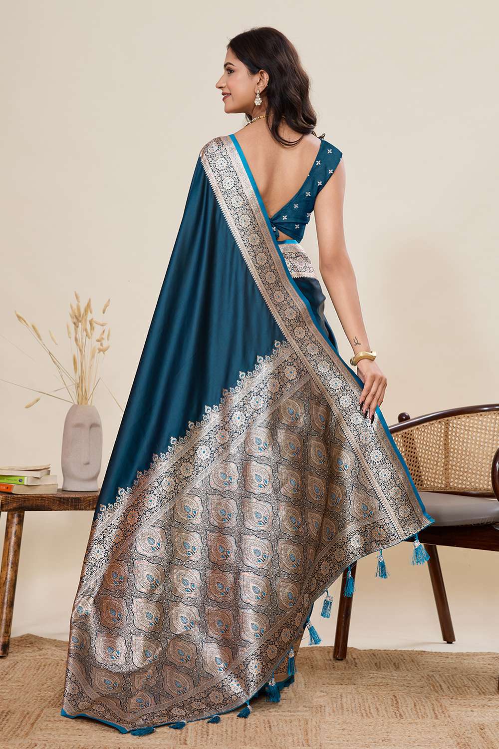 Tula Turquoise Woven Satin Saree Ready to Wear One Minute Saree
