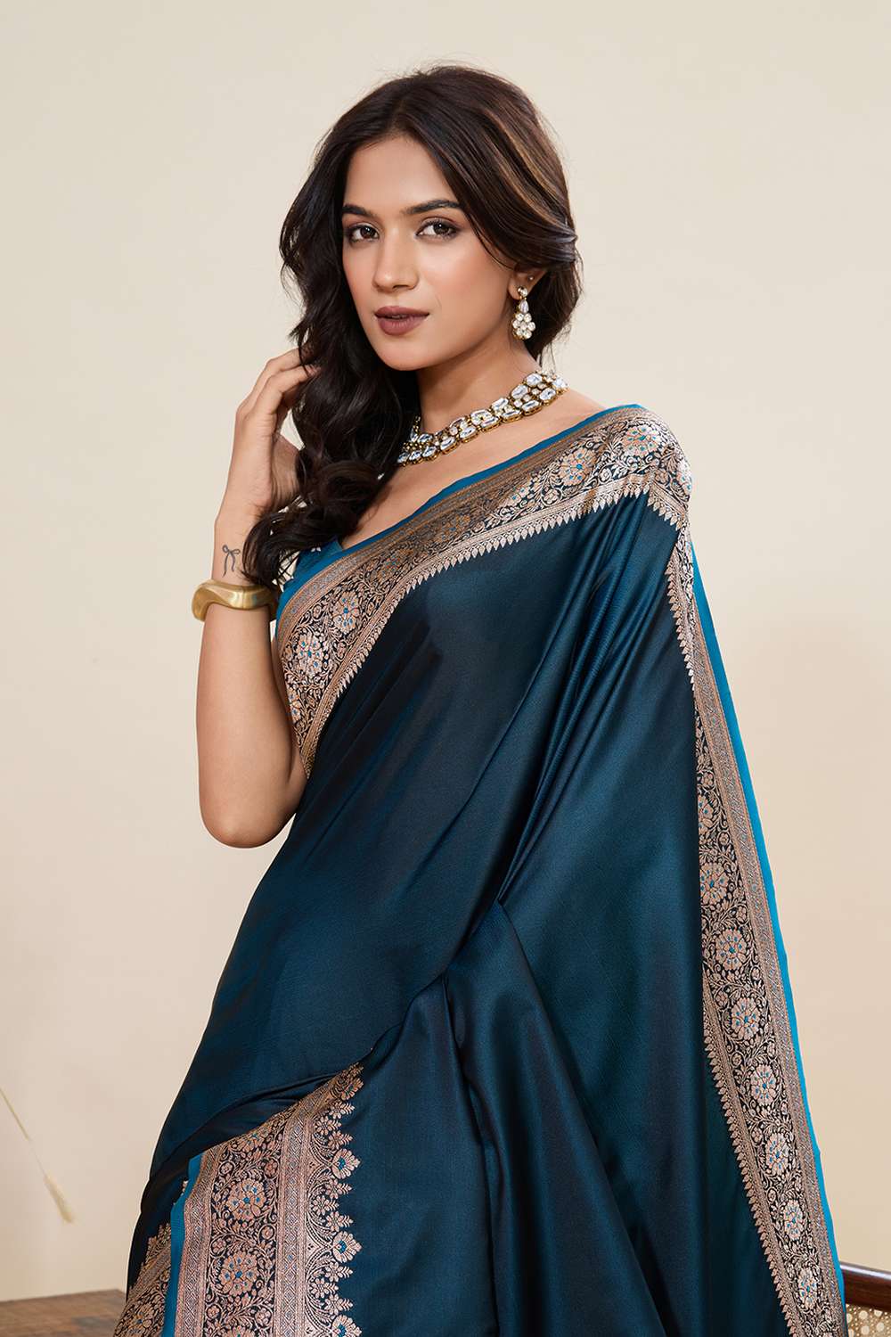 Tula Turquoise Woven Satin Saree Ready to Wear One Minute Saree