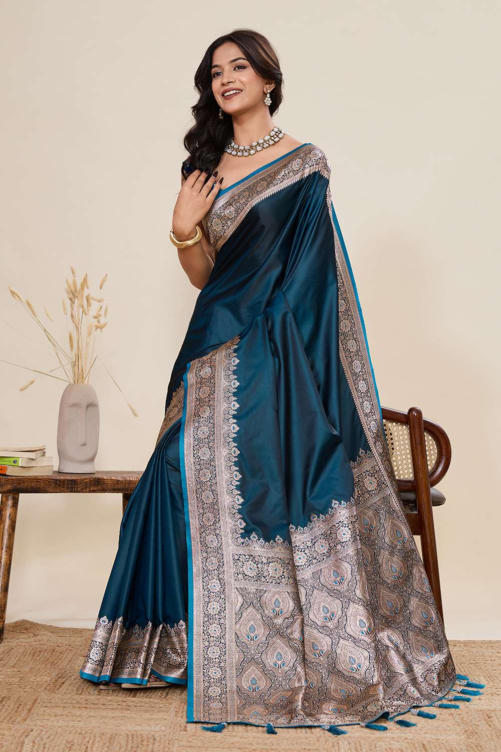 Tula Turquoise Woven Satin Saree Ready to Wear One Minute Saree