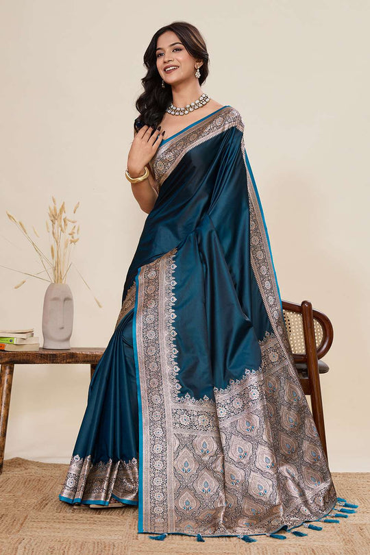 Tula Turquoise Woven Satin Saree Ready to Wear One Minute Saree