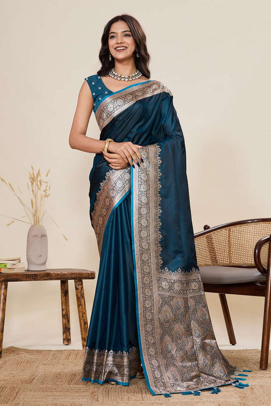 Tula Turquoise Woven Satin Saree Ready to Wear One Minute Saree