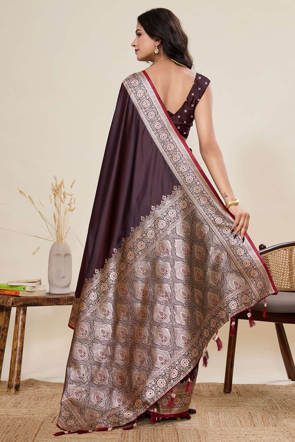 Brea Brown Woven Satin Saree Ready to Wear One Minute Saree