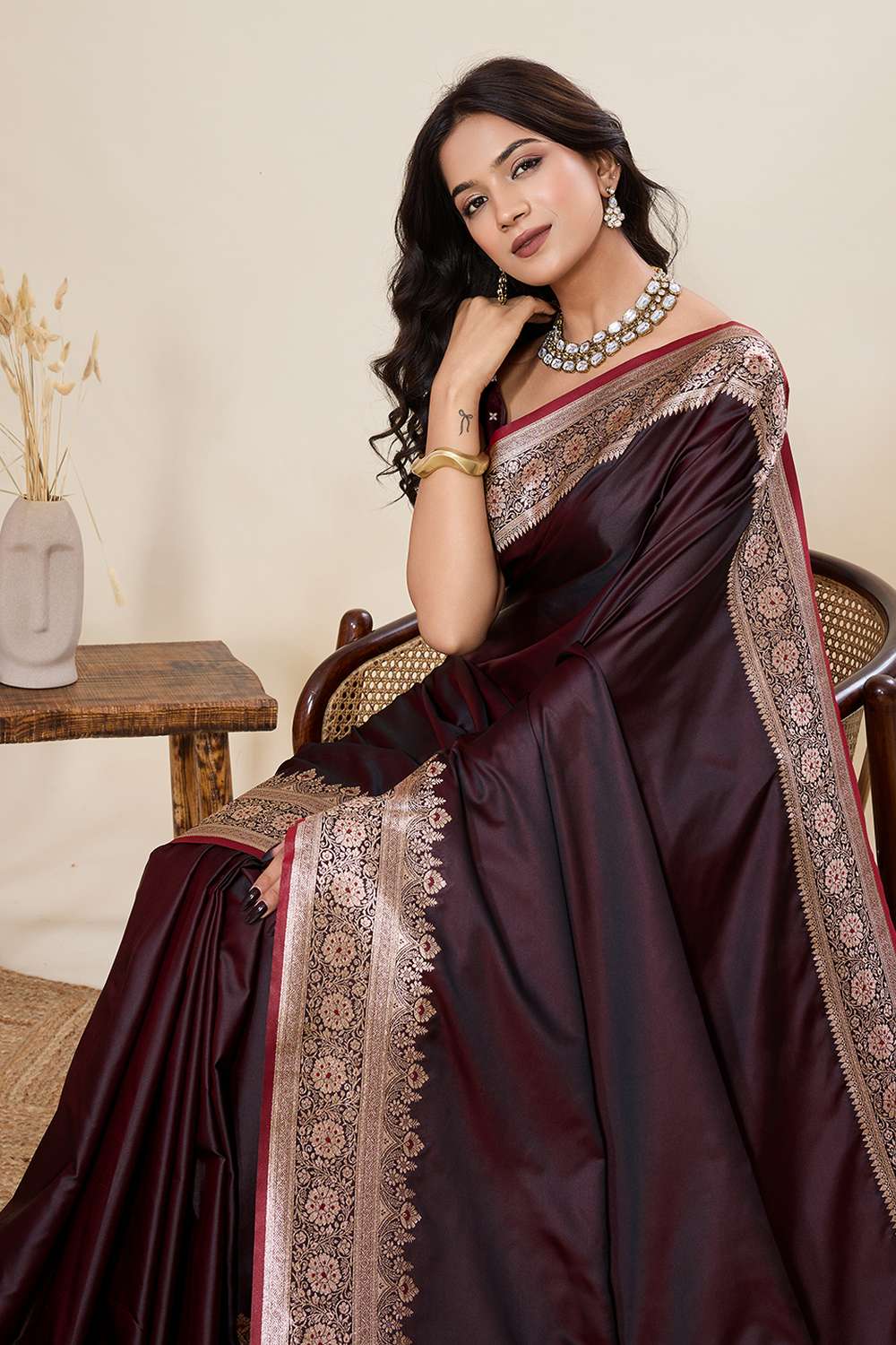 Brea Brown Woven Satin Saree Ready to Wear One Minute Saree