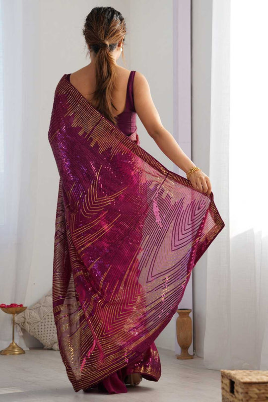 Cosima Wine Sequin Georgette Ready to Wear One Minute Saree