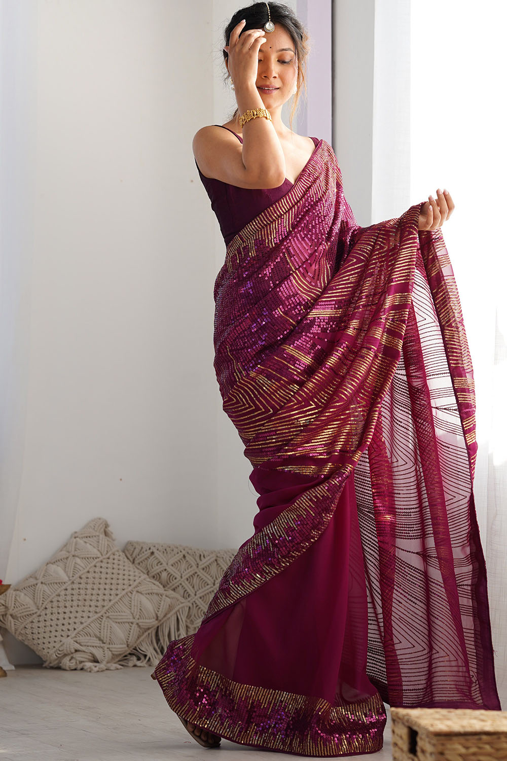 Cosima Wine Sequin Georgette Ready to Wear One Minute Saree